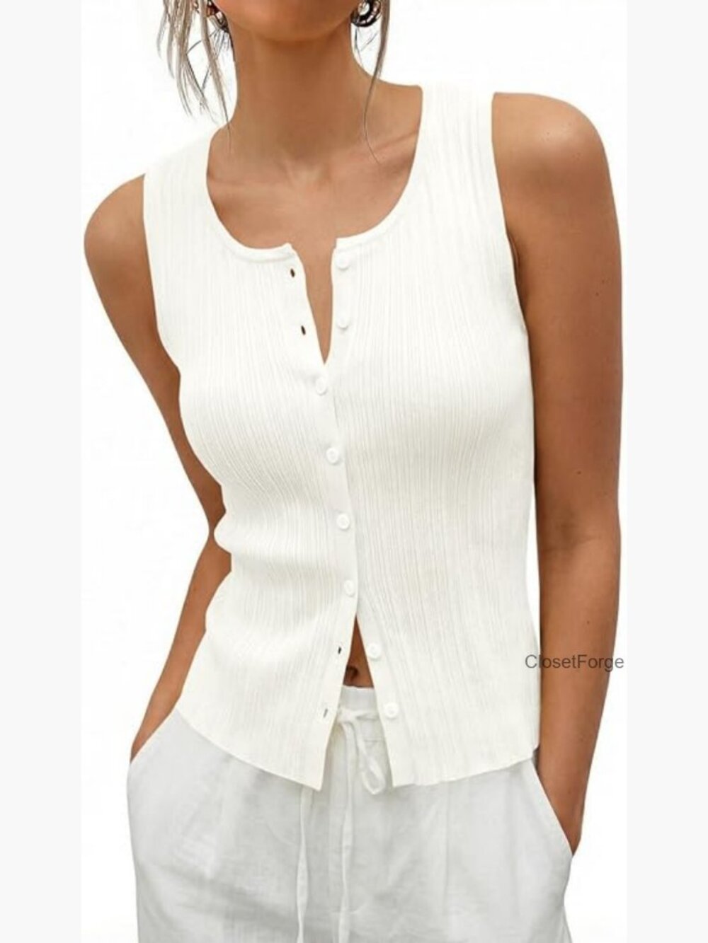 Sleeveless Sweater Vest Button Down Ribbed Knit Tank Top Scoop Neck Summer Vest
